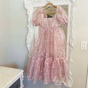 New York Couture Handmade Pastel Pink Floral Maxi Puff Sleeve Dress